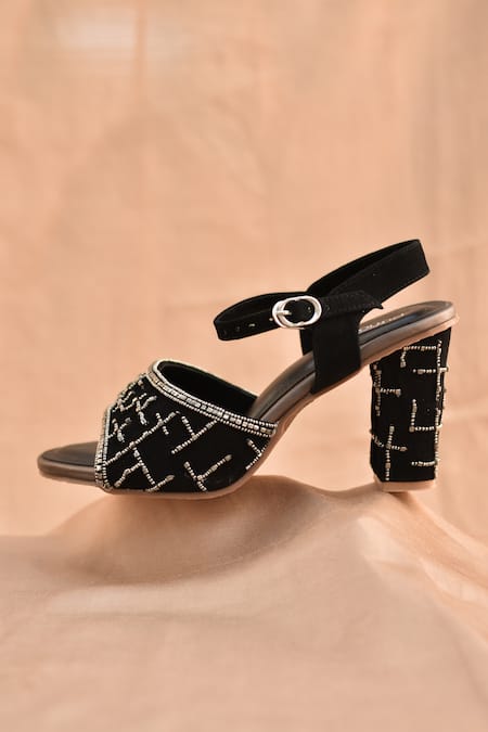 Around Always_Black Beads, Embroidery Noir Block Heels _Online_at_Aza_Fashions