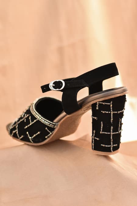 Buy_Around Always_Black Beads, Embroidery Noir Block Heels _Online_at_Aza_Fashions