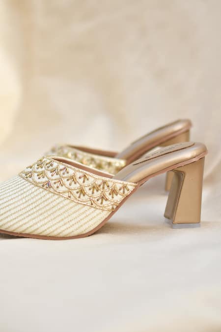 Around Always_Gold Embroidery, Beads Tanuja Striped Mule Heels _Online_at_Aza_Fashions