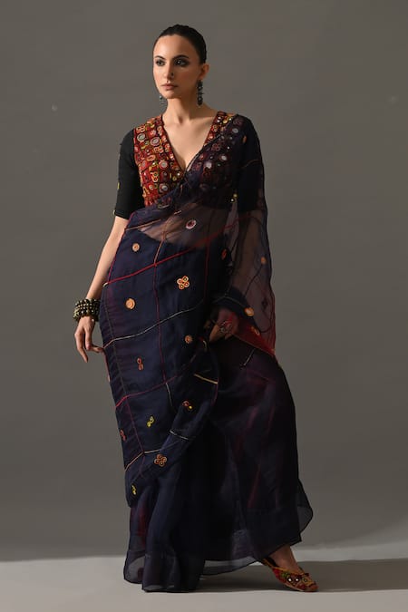 Medha_Blue Silk Organza, Cotton Mirrors, Embroidery V-neck Jharoka Saree With Blouse _Online_at_Aza_Fashions