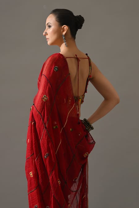 Buy Medha Red Chiffon, Cotton Embroidery, Mirrors, Beads Ruby Hand Saree With Blouse Online at Aza Fashions Buy_Medha_Red Chiffon, Cotton Embroidery, Mirrors, Beads Ruby Hand Saree With Blouse _Online_at_Aza_Fashions