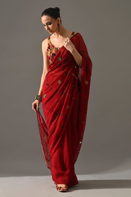 Medha Ruby Hand Embroidered Saree With Blouse 