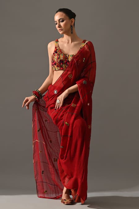 Medha Red Chiffon, Cotton Embroidery, Mirrors, Beads Ruby Hand Saree With Blouse at Aza Fashions Medha_Red Chiffon, Cotton Embroidery, Mirrors, Beads Ruby Hand Saree With Blouse _at_Aza_Fashions