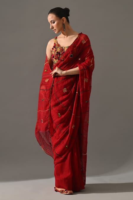 Buy Medha Red Chiffon, Cotton Embroidery, Mirrors, Beads Ruby Hand Saree With Blouse Buy_Medha_Red Chiffon, Cotton Embroidery, Mirrors, Beads Ruby Hand Saree With Blouse