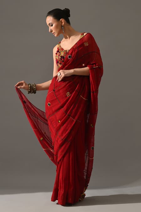 Shop Medha Red Chiffon, Cotton Embroidery, Mirrors, Beads Ruby Hand Saree With Blouse Shop_Medha_Red Chiffon, Cotton Embroidery, Mirrors, Beads Ruby Hand Saree With Blouse
