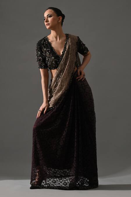 Buy_Medha_Beige Lace, Cotton Embroidery, Metallic Thread, Rose Floral Saree With Blouse _Online_at_Aza_Fashions