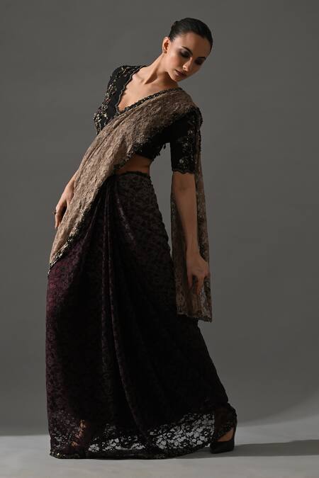 Shop_Medha_Beige Lace, Cotton Embroidery, Metallic Thread, Rose Floral Saree With Blouse _Online_at_Aza_Fashions