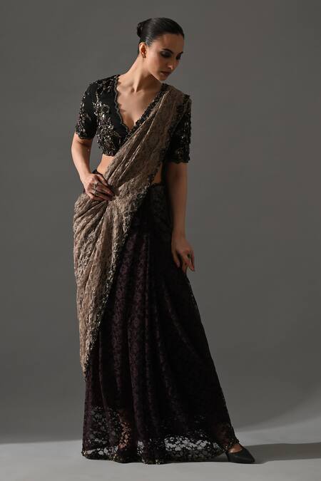 Medha_Beige Lace, Cotton Embroidery, Metallic Thread, Rose Floral Saree With Blouse _at_Aza_Fashions