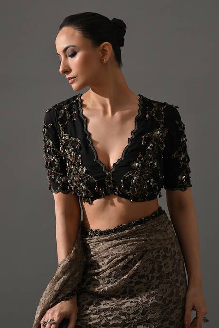 Buy_Medha_Beige Lace, Cotton Embroidery, Metallic Thread, Rose Floral Saree With Blouse 