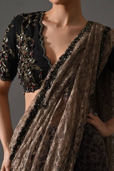 Shop_Medha_Beige Lace, Cotton Embroidery, Metallic Thread, Rose Floral Saree With Blouse 