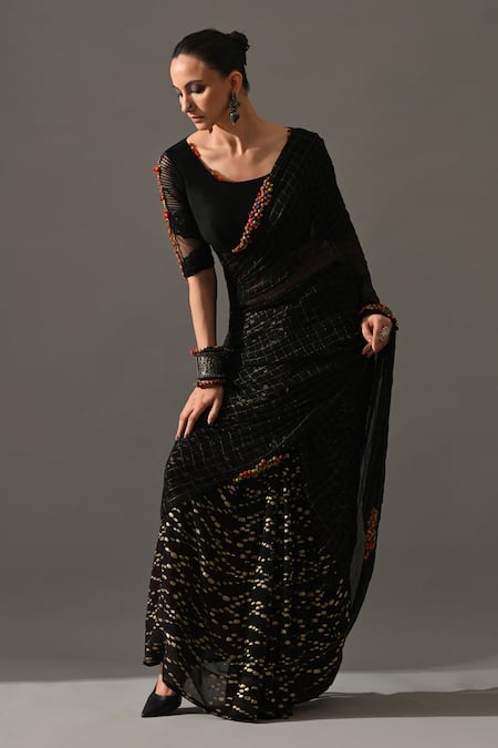 Medha_Black Georgette Embroidery Round Neck Textured Cocktail Saree With Blouse _Online_at_Aza_Fashions