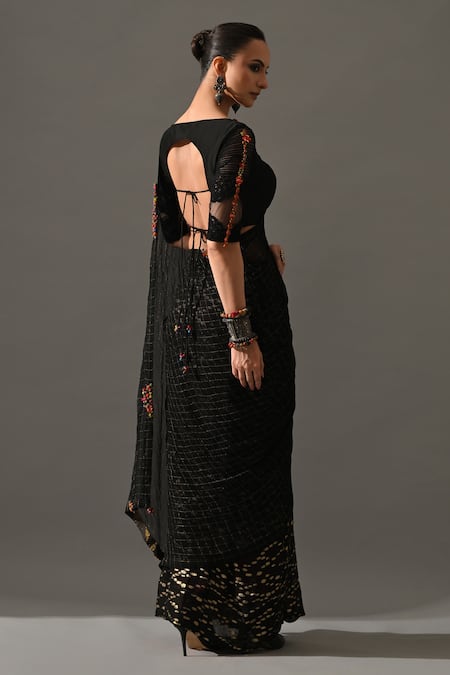 Buy_Medha_Black Georgette Embroidery Round Neck Textured Cocktail Saree With Blouse _Online_at_Aza_Fashions