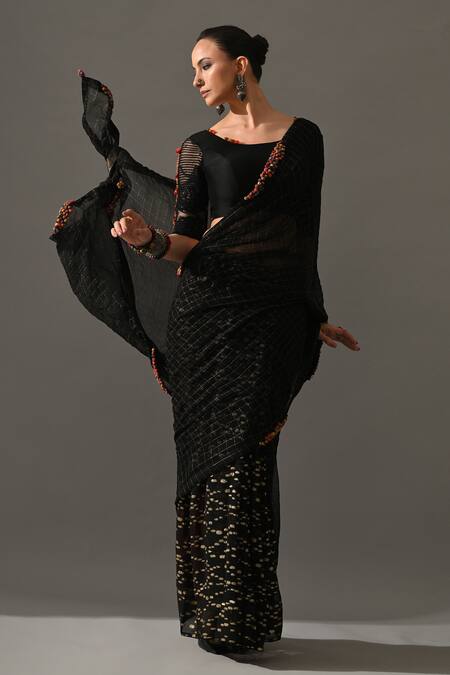 Shop_Medha_Black Georgette Embroidery Round Neck Textured Cocktail Saree With Blouse _Online_at_Aza_Fashions