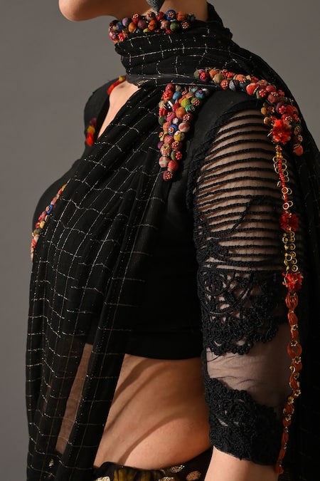 Medha_Black Georgette Embroidery Round Neck Textured Cocktail Saree With Blouse _at_Aza_Fashions