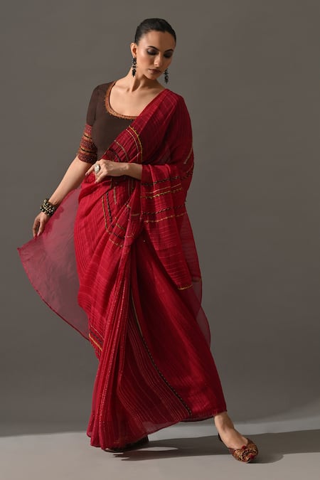 Medha_Pink Silk Organza Embroidery, Metallic Thread Jaipur Hand Saree With Blouse _Online_at_Aza_Fashions