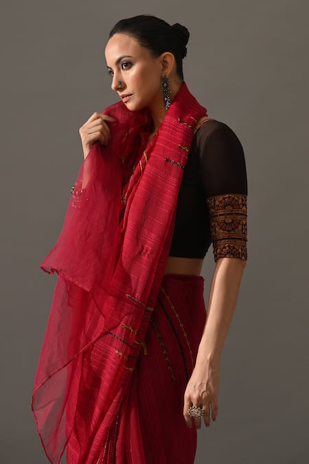 Medha_Pink Silk Organza Embroidery, Metallic Thread Jaipur Hand Saree With Blouse _at_Aza_Fashions