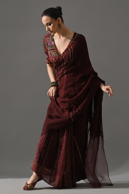 Medha_Brown Chiffon, Silk Organza, Brocade Metallic Thread, Cola Saree With Blouse _Online_at_Aza_Fashions