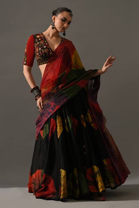 Shop_Medha_Multi Color Silk Organza, Chiffon Mirrors, Banjara Bandhani Tie Dye Lehenga Set _Online_at_Aza_Fashions