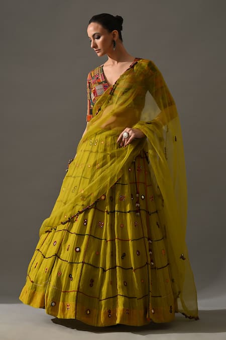 Medha_Yellow Silk Organza Embroidery, Patchwork, Mirrors, Tassels Aaina Lehenga Set _Online_at_Aza_Fashions