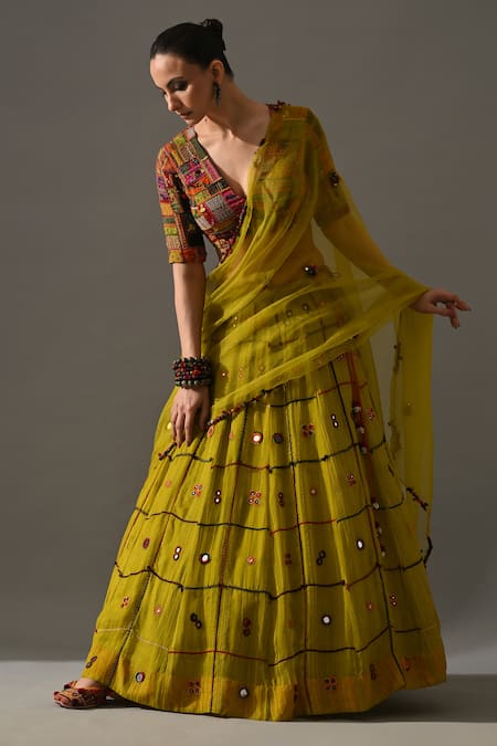 Buy_Medha_Yellow Silk Organza Embroidery, Patchwork, Mirrors, Tassels Aaina Lehenga Set _Online_at_Aza_Fashions