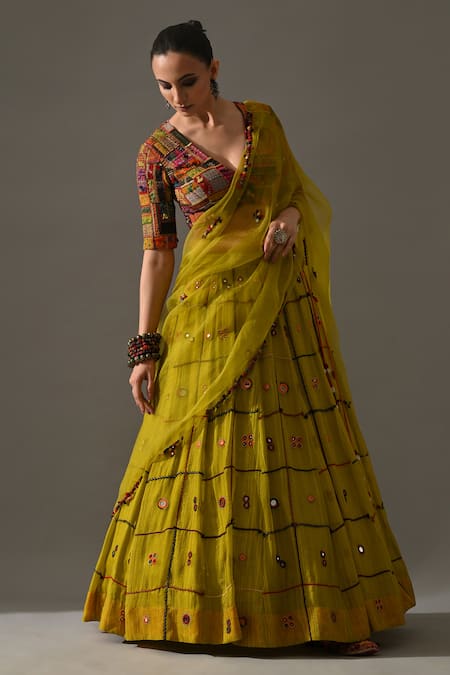 Shop_Medha_Yellow Silk Organza Embroidery, Patchwork, Mirrors, Tassels Aaina Lehenga Set _Online_at_Aza_Fashions