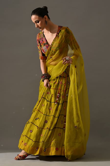 Buy_Medha_Yellow Silk Organza Embroidery, Patchwork, Mirrors, Tassels Aaina Lehenga Set 