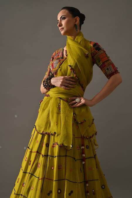 Shop_Medha_Yellow Silk Organza Embroidery, Patchwork, Mirrors, Tassels Aaina Lehenga Set 