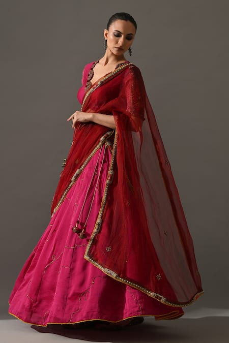 Medha_Pink , Organza Embroidery, Beads, Stones, Sharbat Placed Lehenga Set _Online_at_Aza_Fashions