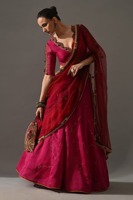 Buy_Medha_Pink , Organza Embroidery, Beads, Stones, Sharbat Placed Lehenga Set _Online_at_Aza_Fashions