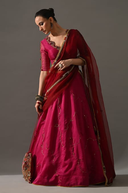 Shop_Medha_Pink , Organza Embroidery, Beads, Stones, Sharbat Placed Lehenga Set _Online_at_Aza_Fashions