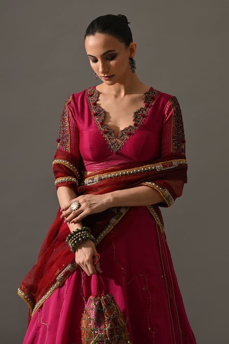 Shop_Medha_Pink , Organza Embroidery, Beads, Stones, Sharbat Placed Lehenga Set 