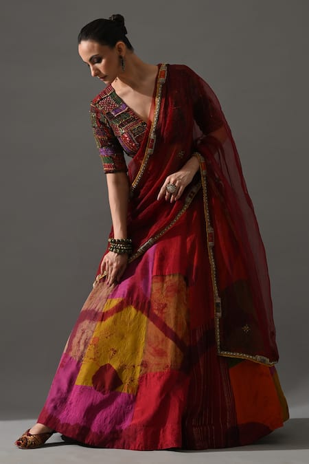 Buy_Medha_Red Brocade, Organza, Chiffon, Patchwork, Rani Patch Work Lehenga Set _Online_at_Aza_Fashions