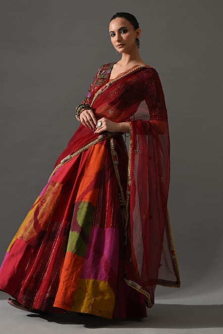 Shop_Medha_Red Brocade, Organza, Chiffon, Patchwork, Rani Patch Work Lehenga Set _Online_at_Aza_Fashions