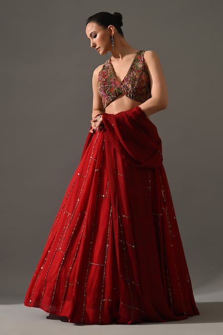 Shop_Medha_Red Cotton, Chiffon Embroidery, Sequins, Beads V-neck Gulab Hand Lehenga Set _Online_at_Aza_Fashions