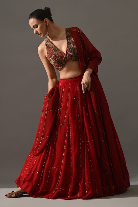 Medha_Red Cotton, Chiffon Embroidery, Sequins, Beads V-neck Gulab Hand Lehenga Set _at_Aza_Fashions