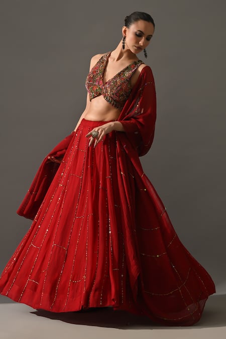 Buy_Medha_Red Cotton, Chiffon Embroidery, Sequins, Beads V-neck Gulab Hand Lehenga Set 