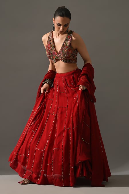 Shop_Medha_Red Cotton, Chiffon Embroidery, Sequins, Beads V-neck Gulab Hand Lehenga Set 