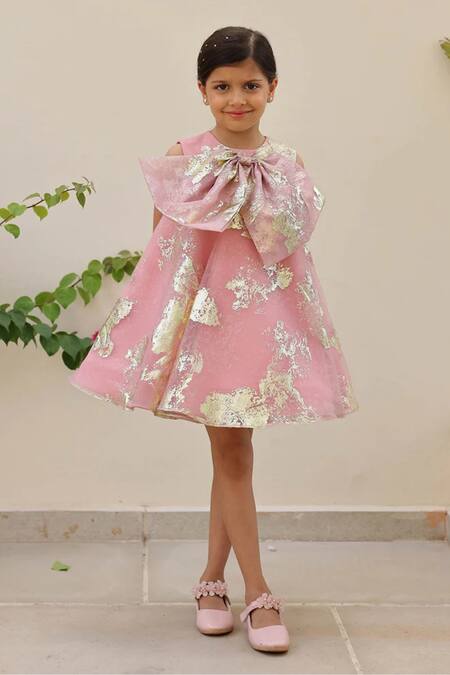 Janyas Closet_Pink Organza, Silk, Net, Shantoon Bows, Foil Printing A-line Dress _Online_at_Aza_Fashions