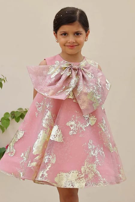 Buy_Janyas Closet_Pink Organza, Silk, Net, Shantoon Bows, Foil Printing A-line Dress _Online_at_Aza_Fashions