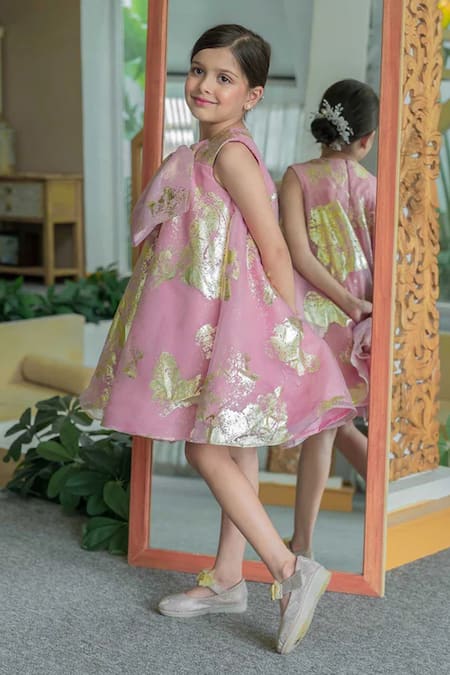 Shop_Janyas Closet_Pink Organza, Silk, Net, Shantoon Bows, Foil Printing A-line Dress _Online_at_Aza_Fashions