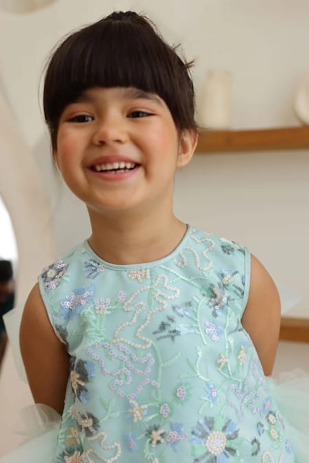 Janyas Closet_Green Net, Silk, Shantoon Sequins, Bows Ocean Glow Layered Back Party Dress _Online_at_Aza_Fashions