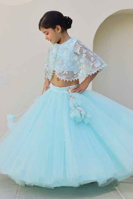 Buy_Janyas Closet_Blue Net, Shantoon Sequins, Beads Ocean Mist Embellished Cape And Lehenga Set _Online_at_Aza_Fashions