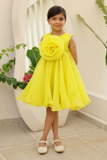 Buy_Janyas Closet_Yellow Organza, Silk, Shantoon Bows, Fabric Flowers Elysian Dress _Online_at_Aza_Fashions