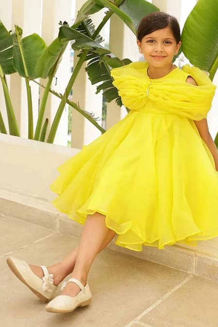 Shop_Janyas Closet_Yellow Organza, Silk, Shantoon Bows, Fabric Flowers Elysian Dress _Online_at_Aza_Fashions