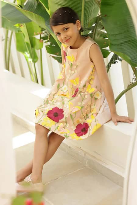 Janyas Closet Peach Satin, Silk Fabric Flowers, Embroidery Magic Blossom 3d Dress Online at Aza Fashions Janyas Closet_Peach Satin, Silk Fabric Flowers, Embroidery Magic Blossom 3d Dress _Online_at_Aza_Fashions