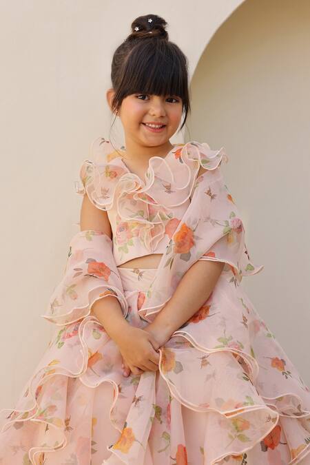 Janyas Closet_Peach Organza, Shantoon, Silk Ruffles Floral Pattern Lehenga Set _Online_at_Aza_Fashions
