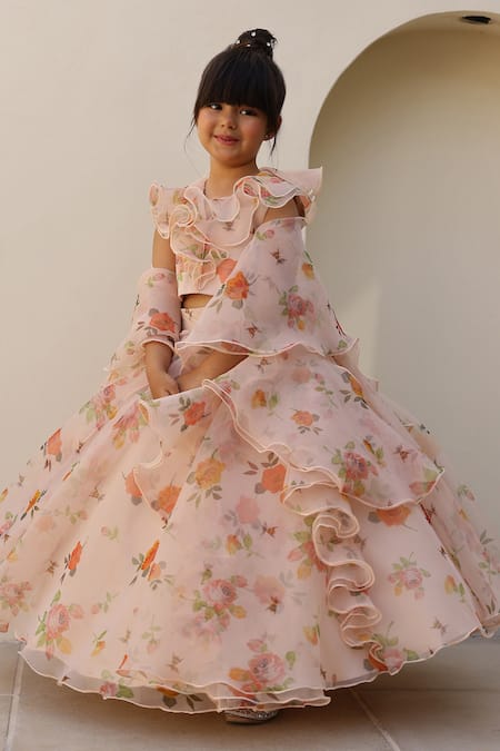 Shop_Janyas Closet_Peach Organza, Shantoon, Silk Ruffles Floral Pattern Lehenga Set _Online_at_Aza_Fashions
