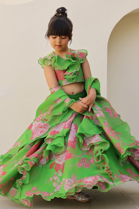Janyas Closet Green Organza, Silk Ruffles Floral Pattern Lehenga Set Online at Aza Fashions Janyas Closet_Green Organza, Silk Ruffles Floral Pattern Lehenga Set _Online_at_Aza_Fashions