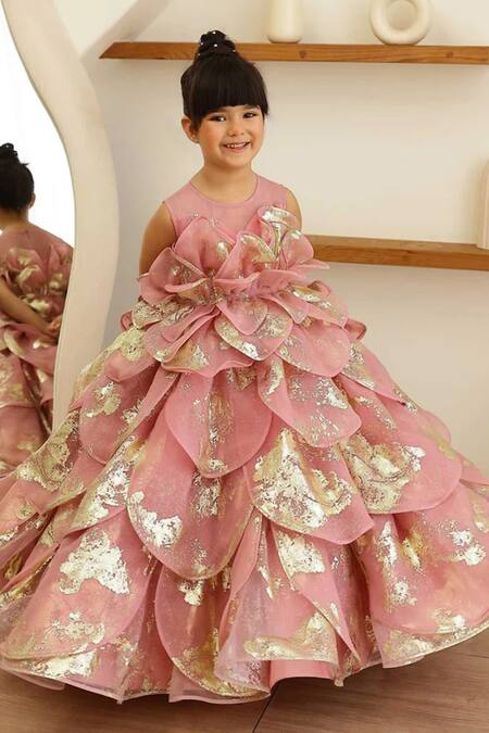 Buy_Janyas Closet_Pink Organza, Silk Foil Printing Enchanted Petal Princess Gown _Online_at_Aza_Fashions