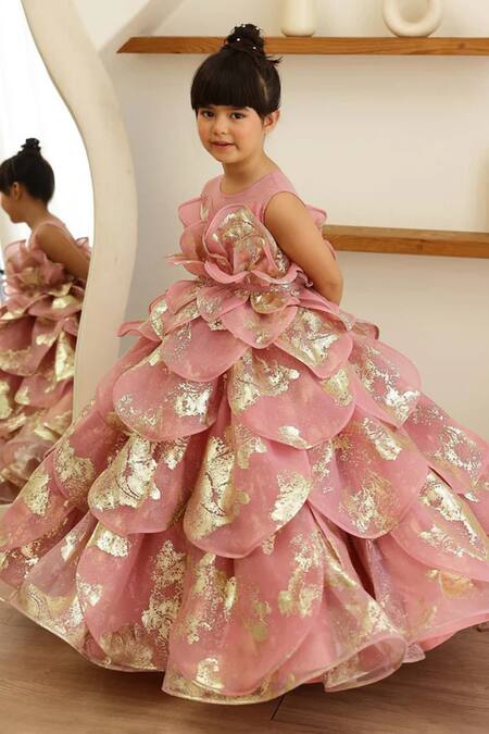 Shop_Janyas Closet_Pink Organza, Silk Foil Printing Enchanted Petal Princess Gown _Online_at_Aza_Fashions